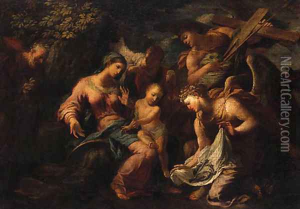 Angels showing the Instruments of the Passion to the Infant Christ and the Holy Family Oil Painting - Antonio Balestra