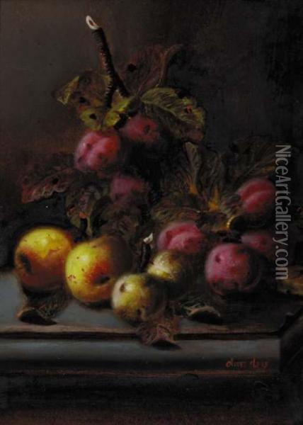 Plums And Apples On A Ledge Oil Painting - Oliver Clare