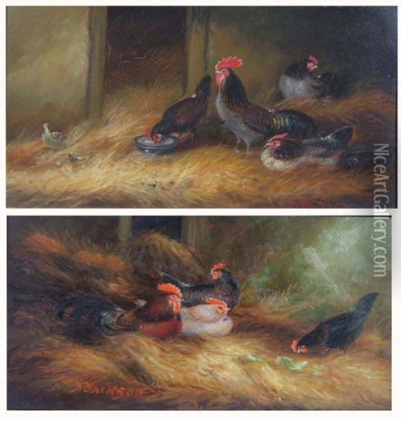 Chickens In A Stable Oil Painting - A. Jackson