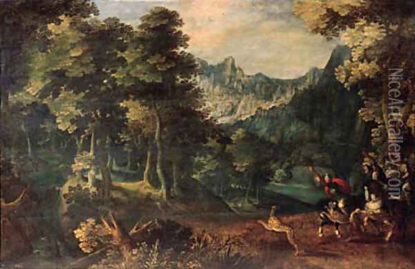 A tiger hunt in a forest, a valley beyond Oil Painting - Gillis van Coninxloo