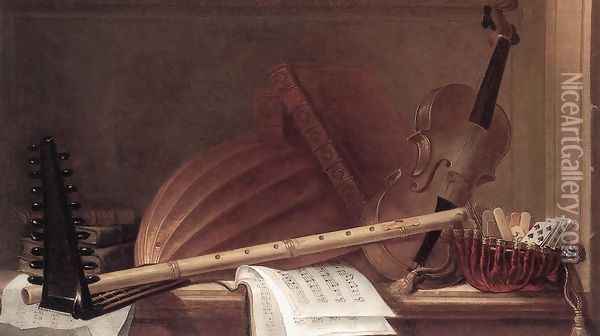 Still-Life of Musical Instruments Oil Painting - Pierre Nicolas Huilliot