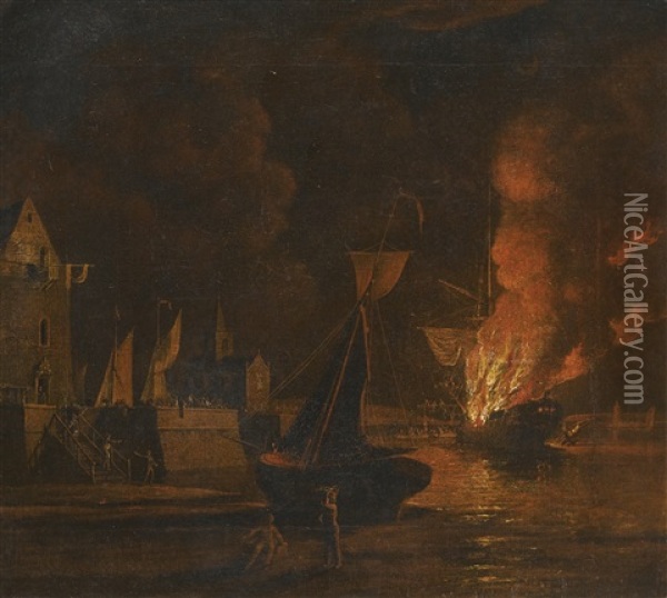 A Ship Ablaze At Night In A Town Harbour Oil Painting - William Marlow