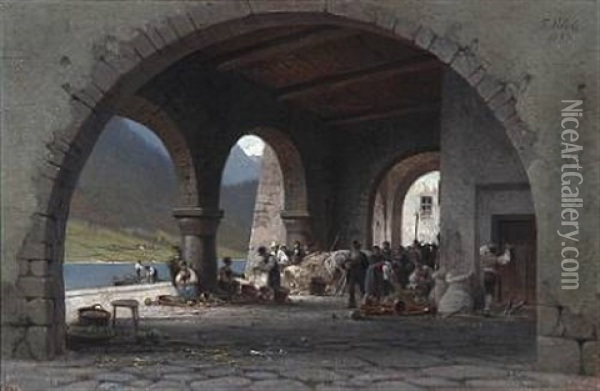 A Busy Market Day By The Lake, Presumably In Ascona, Switzerland Oil Painting - Frederik Niels Martin Rohde