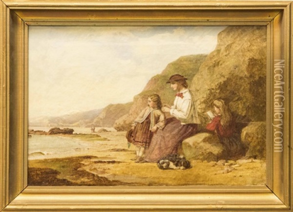 Strandmotiv Med Kvinna, Barn Och Hund Oil Painting - James Stokeld
