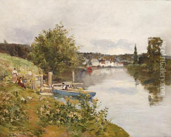 On The Riverbank Oil Painting - Raymond Allegre