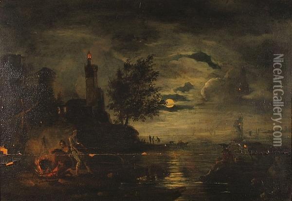 A Moonlit Coastal Scene With Figures Around A Campfire In The Foreground Oil Painting - Charles Francois Lacroix de Marseille
