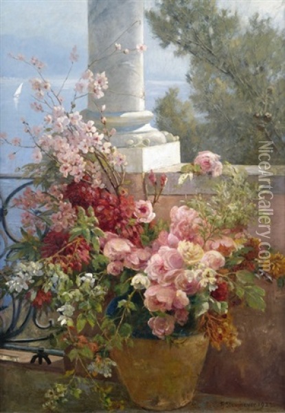 Blumenstilleben Auf Einer Seeterrasse Oil Painting - Helene Marie Stromeyer