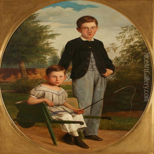 Two Boys In A Garden, One Is Sitting In A Wheelbarrow Oil Painting - Andreas Herman Hunaeus