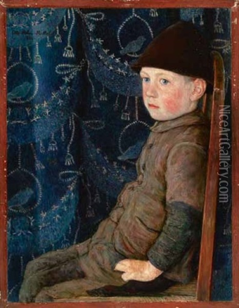 Bub Mit Mutze Auf Einem Stuhl, Vor Blauer Tapete Oil Painting - Otto Sohn-Rethel