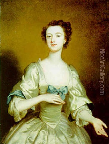Portrait Of A Young Lady, In A White Satin Dress With A Blue Bow Oil Painting - Joseph Highmore