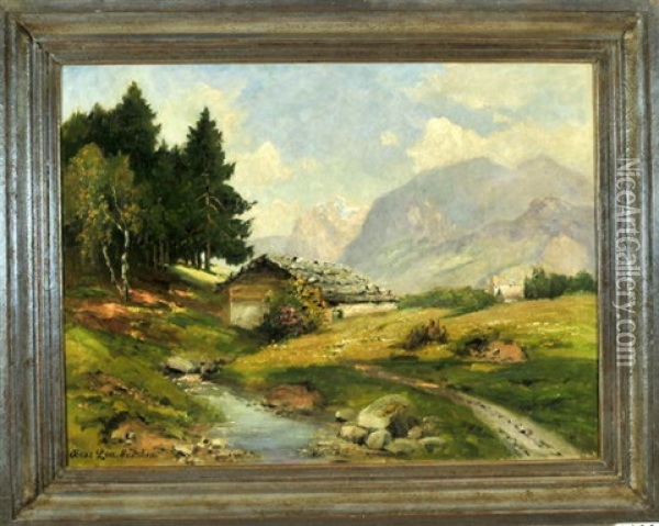 Berglandschaft Mit Hutte Am Bachlauf Oil Painting - Oskar Leu