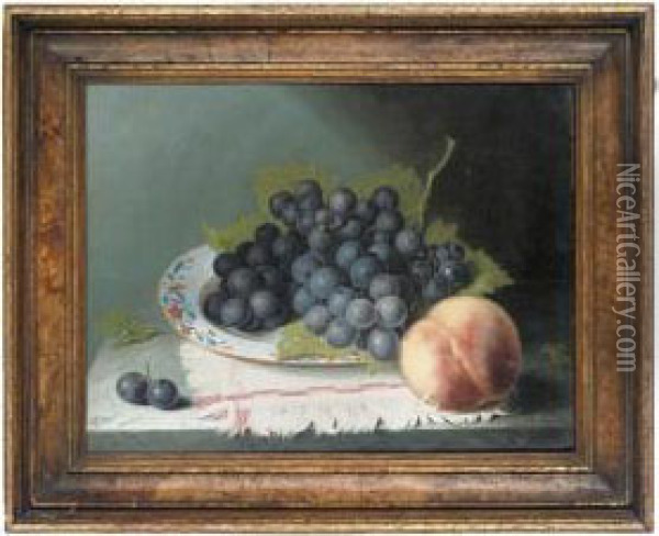 Grapes On A Porcelain Platter With A Peach To The Side Oil Painting - George Stevens