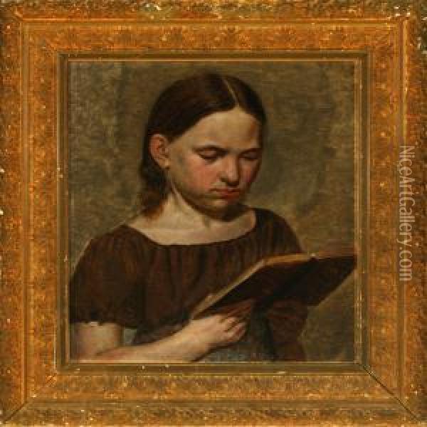 Portrait Of Reading Girl Oil Painting - Constantin Hansen