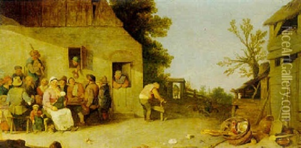 Peasants Feasting Outside A Farmhouse Oil Painting - Pieter de Bloot