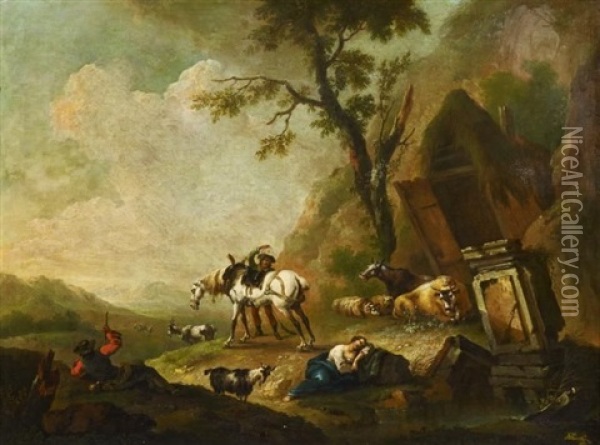Italienische Landschaft Mit Hirten Und Vieh Oil Painting - Johann Heinrich Roos