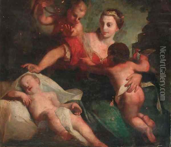 A lady with a tiara surrounded by three putti Oil Painting - Venetian School
