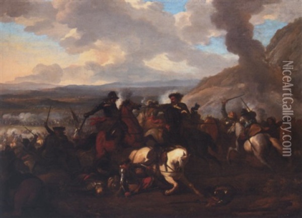 A Cavalry Engagement In A Landscape Oil Painting - Jan van Huchtenburg