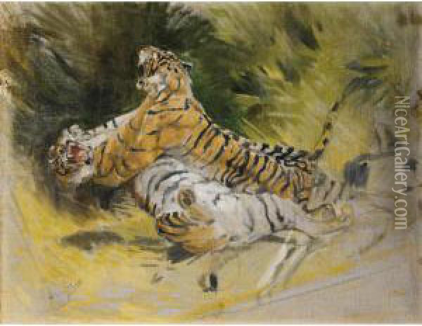 Deux Tigres Combattant Oil Painting - Aime Morot