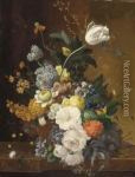 Roses, Tulips And Other Summer Flowers On A Ledge Oil Painting - Jan Van Huysum
