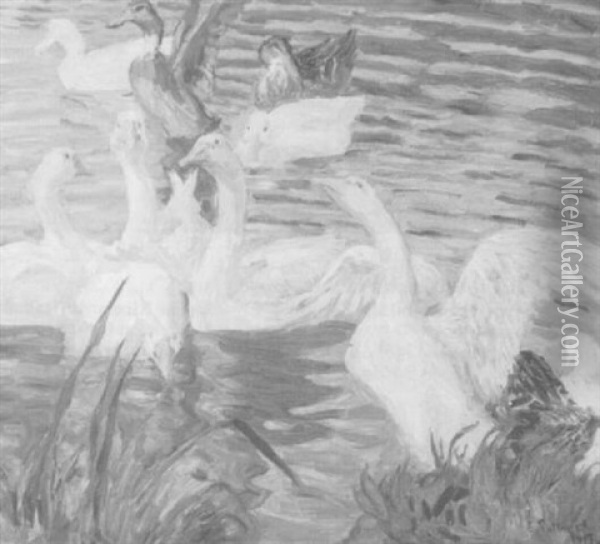 Swans On A Lake Oil Painting - Emil Pottner