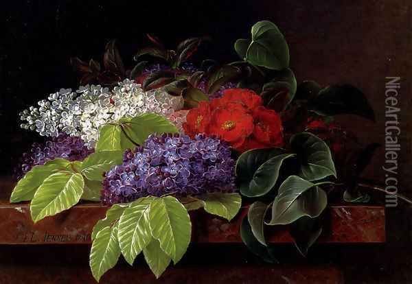 White and purple Lilacs, Camellia and Beech Leaves on a marble Ledge Oil Painting - Johan Laurentz Jensen