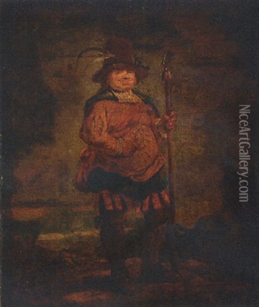 Portrait Of A Peasant Man Wearing A Pleated Orange Doublet And Holding A Spear Oil Painting - Francisco Goya