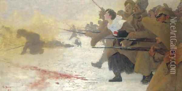 The Attack with the Red Cross Nurse Oil Painting - Ilya Efimovich Efimovich Repin