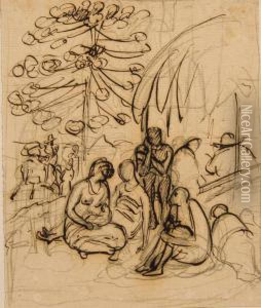 Slaves Under A Tree, A Horseman Beyond (brazil, 1824) Oil Painting - Johann Moritz Rugendas