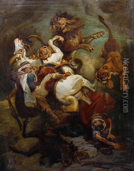 A Lion Hunt Oil Painting - Eugene Delacroix