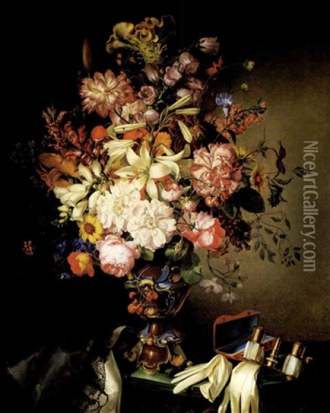 A Still Life Of Flowers And Opera Glasses Oil Painting - Leopold Brunner the Elder
