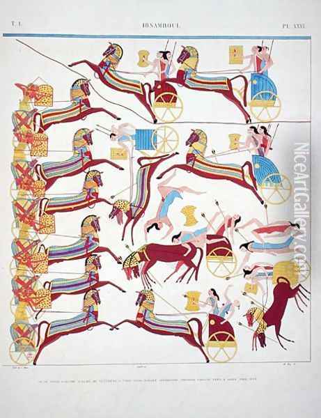 Interpretation of the frescoes at Ibsambul depicting a battle with chariots, from 'Monuments de l'Egypte et de la Nubie', c.1835 Oil Painting - Jean Francois Champollion