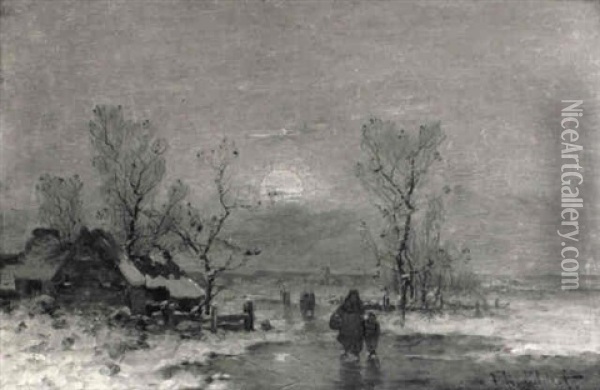 A Winter Landscape With A Peasantwoman And Child On A Frozen Ditch Oil Painting - Johann Jungblut