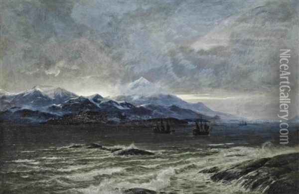 Shipping At Dusk Off The Coast Of Chile, With The Andes Beyond Oil Painting - Carl Wilhelm Hugo Schnars-Alquist