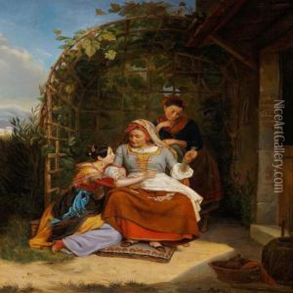 Two Young Italian Girls And A Fortune Teller Oil Painting - Louis, Luigi Rubio