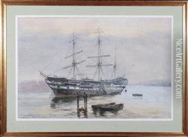 The Wellesley With Full Masts And Rigging Lying At Anchor In Northshields Harbour Oil Painting - John Chambers