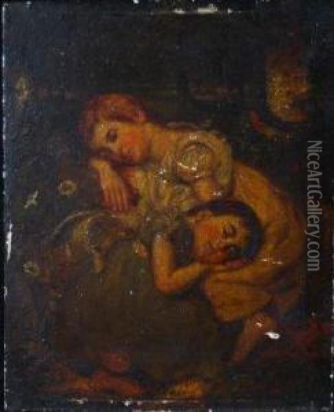 Two Girls Sleeping In A Landscape Oil Painting - James Smetham