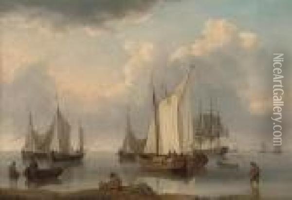 A British Warship, Dutch Barges And Other Coastal Craft On Theijselmeer In A Calm Oil Painting - William Anderson