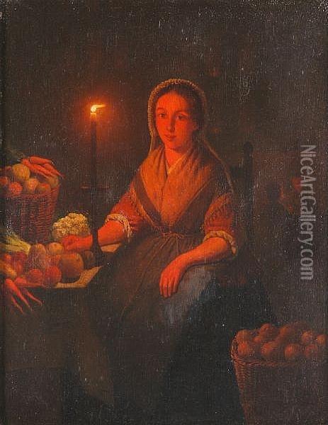 A Woman At The Vegetable Stall By Candlelight Oil Painting - Petrus van Schendel