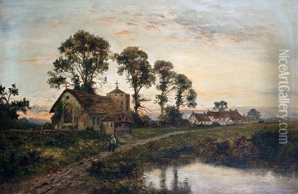 Figures By A Country Church; Figures By A Cottage, A Pair Oil Painting - Daniel Sherrin