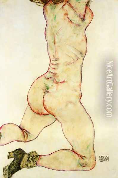 Kneeling Female Nude Back View Oil Painting - Egon Schiele