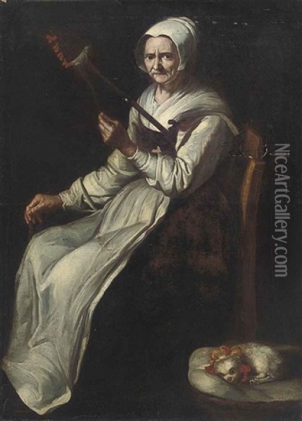 Portrait Of An Elderly Lady Spinning Oil Painting - Giacomo Ceruti