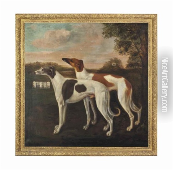 Two Greyhounds In A Wooded Landscape With Parham House And A Temple Beyond Oil Painting - John Wootton