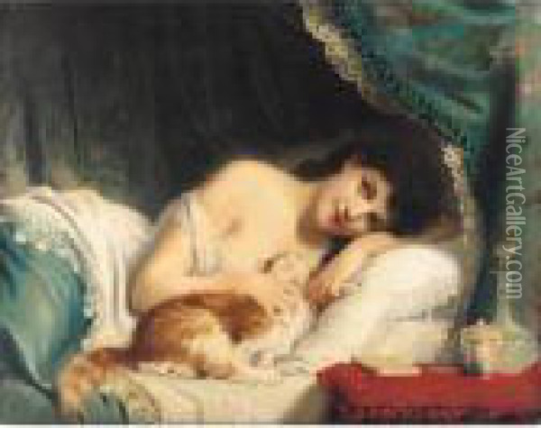 A Reclining Beauty With Her Cat Oil Painting - Fritz Zuber-Buhler
