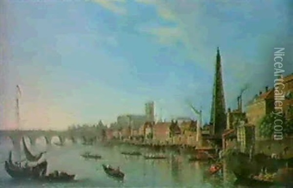 A View Down River Of Westminster Abbey...;                  A View Up River Of Westminster Abbey... Oil Painting - William James