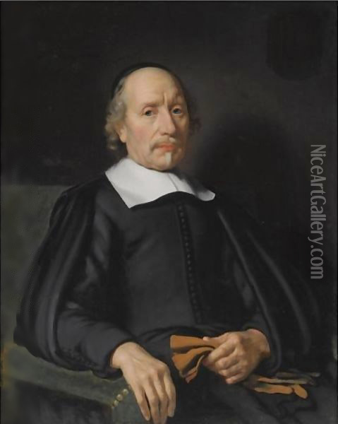 Portrait Of A Man, Seated Half-Length, Wearing A Black Robe With A White Flat Collar, Holding A Pair Of Gloves Oil Painting - Nicolaes Maes