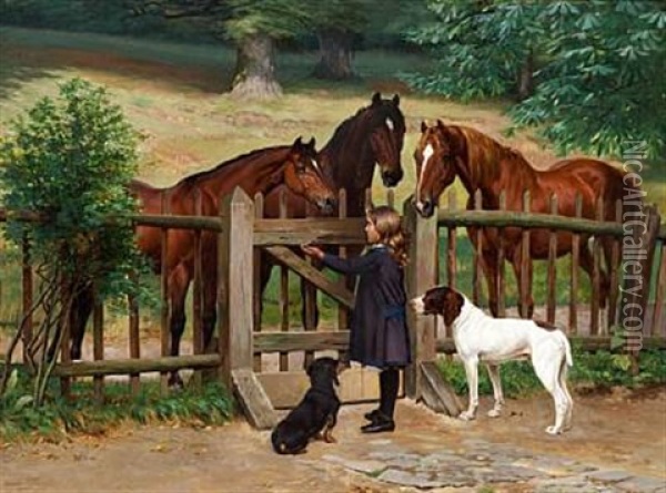 Losgaaende Heste I En Dyrehave Indfinde Sig Ved Laagen For At Blive Fodrede Oil Painting - Simon Simonsen