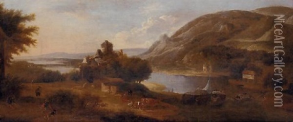 An Extensive River Landscape With A Barge, Figures, And Livestock And A Ruined Castle Oil Painting - Robert Griffier