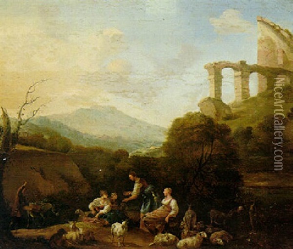 Mountainous Landscape With A Herd And Figures, Ruins Beyond Oil Painting - Hendrick Mommers