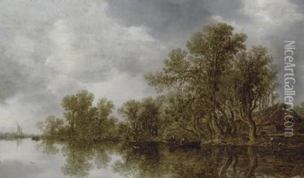 A Wooded River Landscape With Fishermen On A Boat And A Cottage On The River Bank Oil Painting - Jan van Goyen