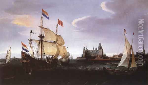 Arrival of a Dutch Three-master at Schloss Kronberg Oil Painting - Cornelis Hendricksz. The Younger Vroom
